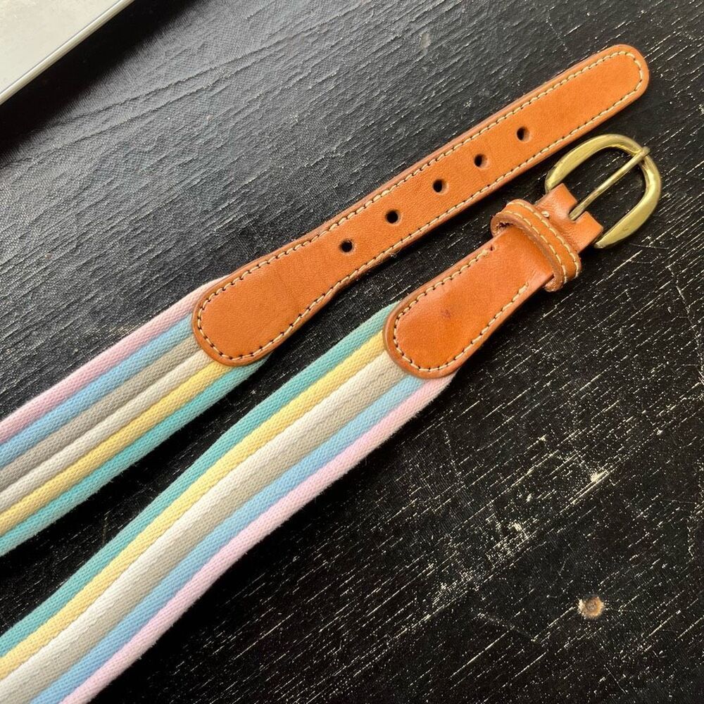 Canterbury Pastel Stripe Canvas Belt Leather & Brass Buckle Size 38